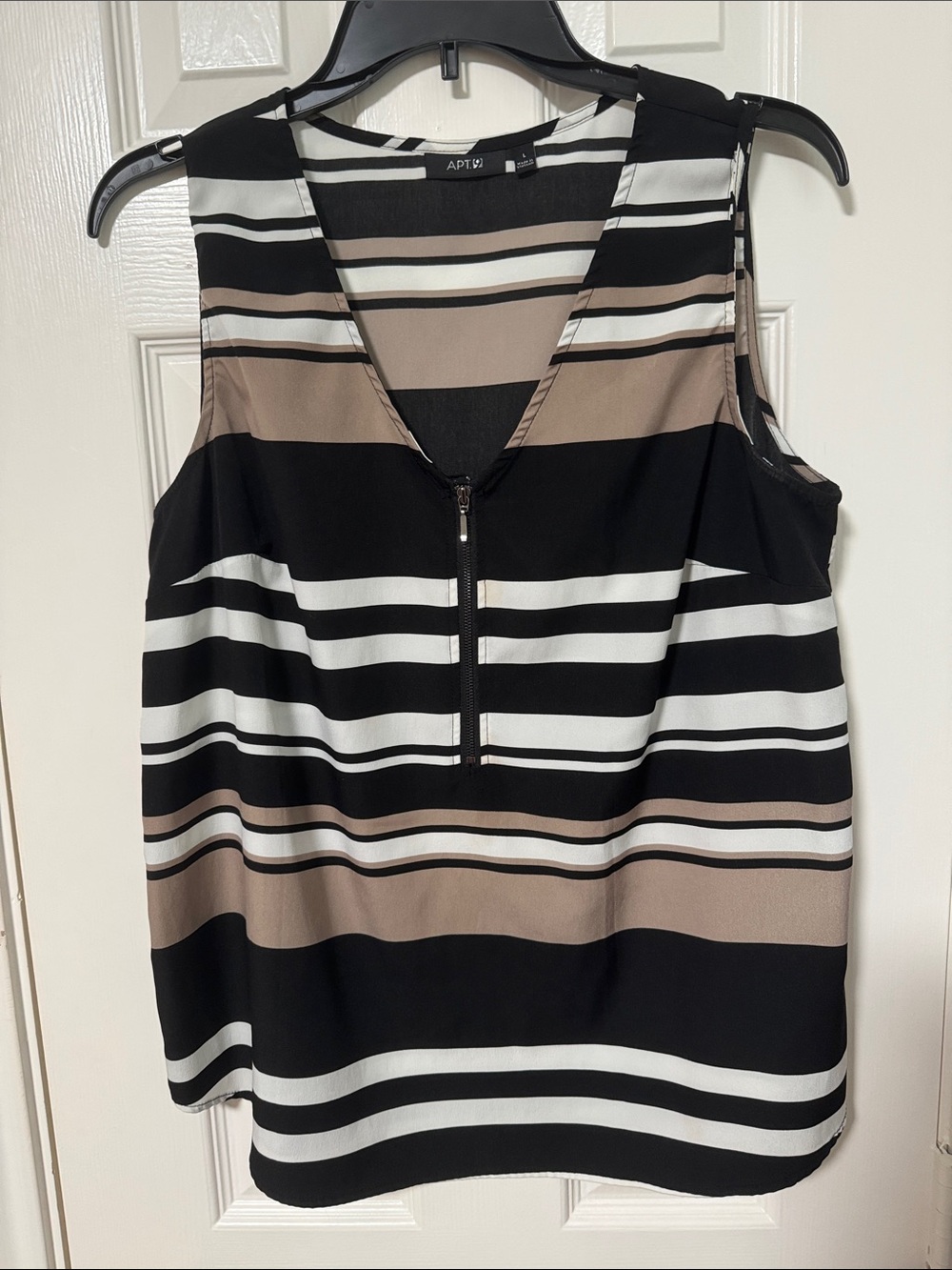 Apt. 9 Black, Taupe & White Striped V-Neck Zip Sleeveless Camisole